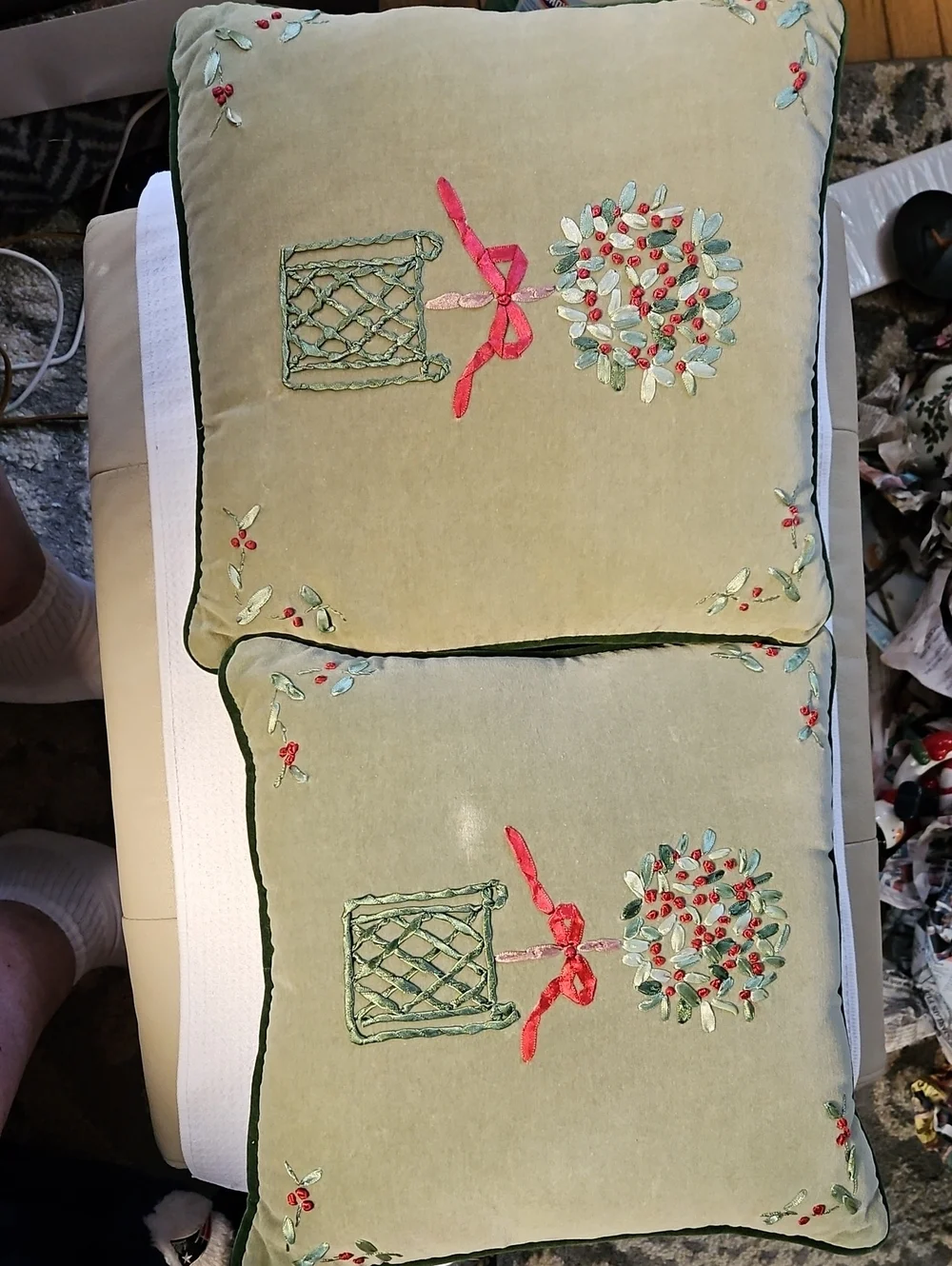 Embroidered Velvet Throw Pillows with Ribbon & Topiary Motif - Green